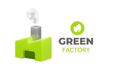 Vector business illustration of green abstract factory with chimney and smoke on white color background. 3d style design of eco factory logotype