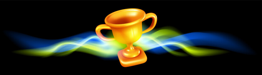 Vector illustration of golden winner cup with glow trail on black background. 3d style design of best winner gold award