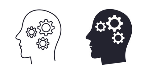 Head and gear wheel silhouette flat and line icon. Mind thinking. Isolated vector illustration
