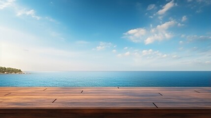 Naklejka na ściany i meble Photo of a wooden table with a breathtaking ocean view