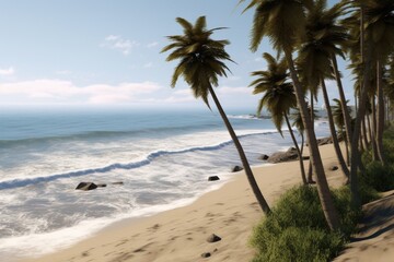 Obraz premium Tropical beach with palm trees and ocean, illustration