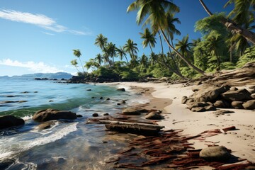 Fototapeta na wymiar Tropical beach with palm trees and ocean, illustration