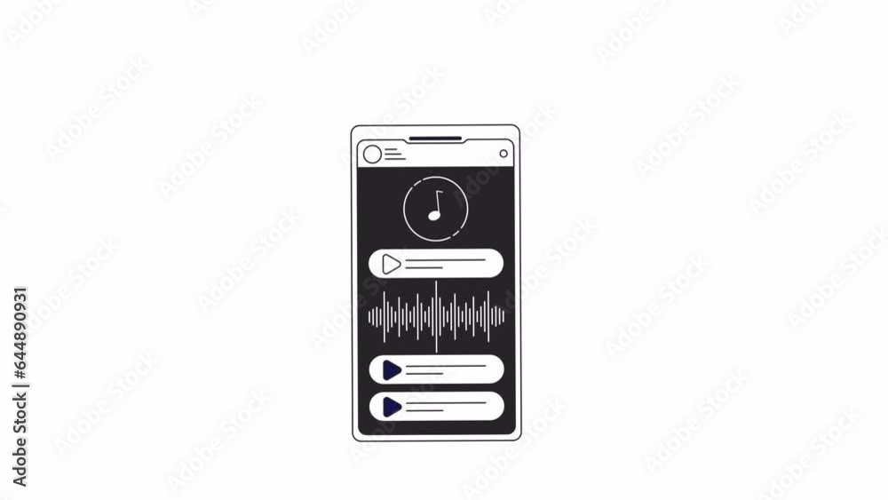 Poster music player app on smartphone bw outline 2d object animation. playing song on mobile phone screen m