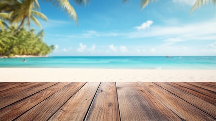 Fototapeta premium Photo of a wooden table top with a scenic beach view in the background