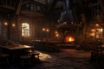 Fototapeta na wymiar Atmospheric medieval tavern with candles, daylight from windows. Generative AI