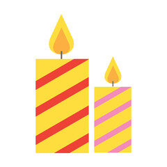 Lit burning Christmas wax candles vector. Candles decorated with striped ornaments. Multicolored flat vector icon representing celebration concept isolated on white background