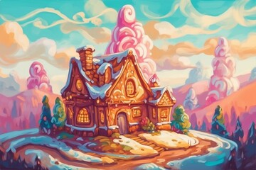 Colorful oil painting of gingerbread house on fairytale backdrop, ideal for kids' illustrations. Generative AI