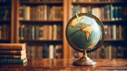 Old globe on bookshelf background.
