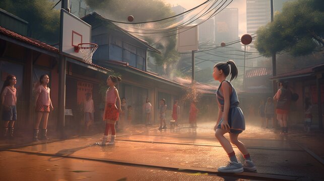 Children's Day Anime Playing Basketball with Friends on an Outdoor Court.