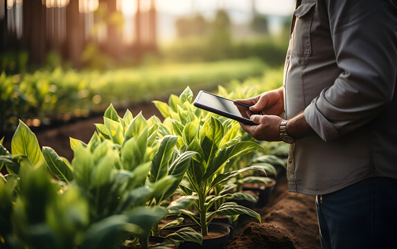 Modern farmer using digital tablet to review harvest