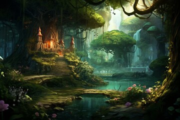 Enchanting forest with magical fantasy scenery. Generative AI