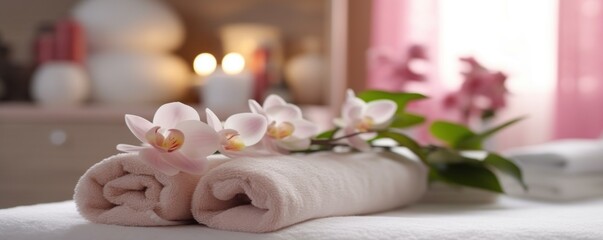 Obraz na płótnie Canvas Towels, flowers in massage room in modern spa salon.
