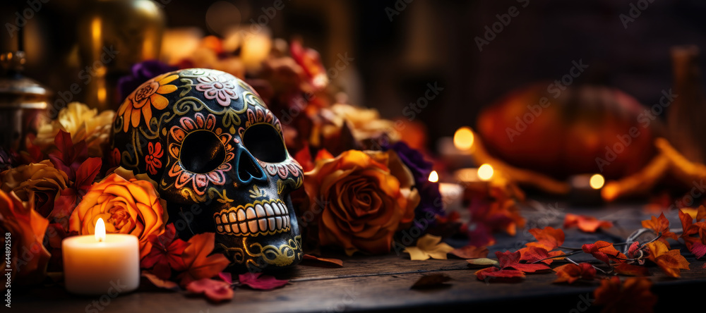 Wall mural decoration for day of the dead celebration with pan de muerto, skull, flowers and candles,halloween,