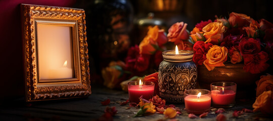 Small altar in tribute to our deceased relatives in the Day of the Dead celebration, candles with flowers with an empty photo frame,Halloween,mockup - obrazy, fototapety, plakaty