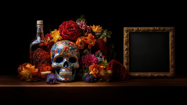 Offering of tequila and skull with flowers in memory of our deceased in the Day of the Dead celebration with an empty photo frame,mockup, Halloween, copy space