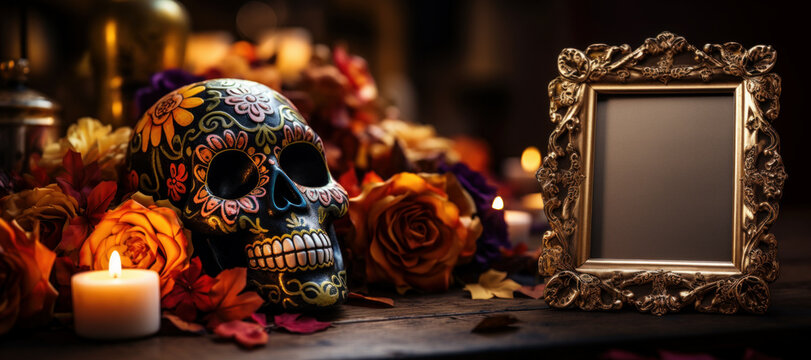 Altar in memory of our beloved and unforgettable deceased in the celebration of the day of the dead, decorated with skulls, flowers and candles with empty photo frame,Halloween mockup