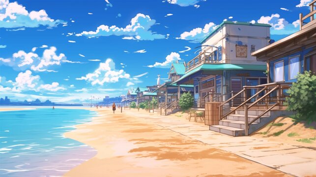Anime Seaside Town with Colorful Beach Huts and Sparkling Blue Ocean.