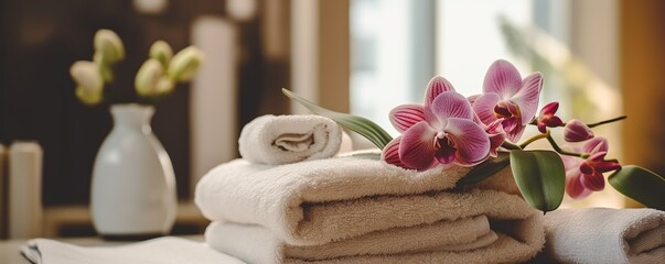 Fototapeta na wymiar Towels, flowers in massage room in modern spa salon.