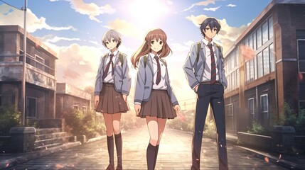 Anime School Friends Group in Uniforms, Asian School Building.