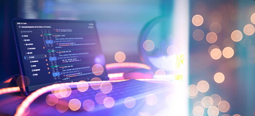 Monitor closeup of function source code. Abstract IT technology background. Software source code.