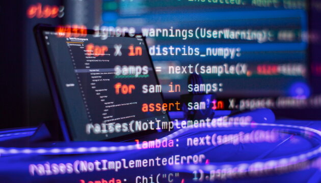 Abstract computer script code. Programming code screen of software developer. Software Programming Work Time.