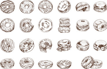 A set of hand-drawn sketches of donuts. Vintage illustration. Pastry sweets, dessert. Element for the design of labels, packaging and postcards.
