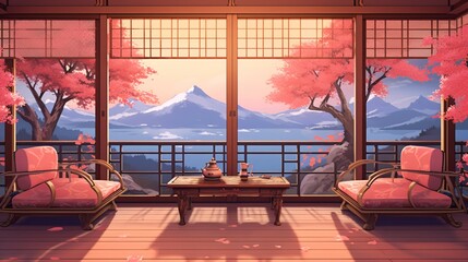 Fototapeta premium Japanese Room with Cloudy Sky View, Pink and Red Decor.