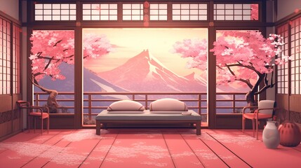 Japanese Room with Cloudy Sky View, Pink and Red Decor.