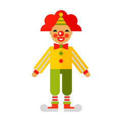 Cheerful clown performing flat vector icon. Circus performer dressed in bright clothes, funny shoes and red wig isolated on white background. Activities and professions, entertainment concept