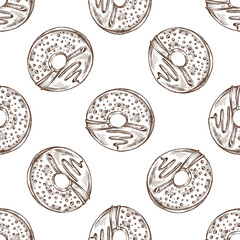 Seamless pattern of donut. Hand drawn doughnut sketch. Vintage illustration. Pastry sweets, dessert. Element for the design of labels, packaging and postcards.