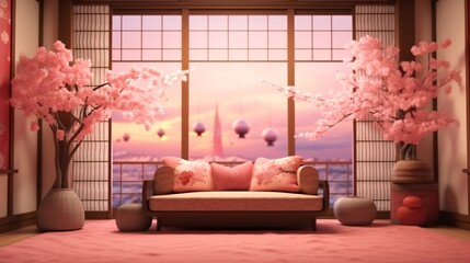 Japanese-Styled Room with Pink and Red Furniture, Cloudy Sky View.