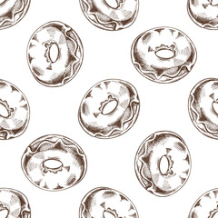 Seamless pattern of donut. Hand drawn doughnut sketch. Vintage illustration. Pastry sweets, dessert. Element for the design of labels, packaging and postcards.
