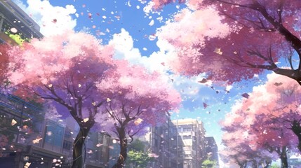 Anime Cherry Blossom Garden in Full Bloom.