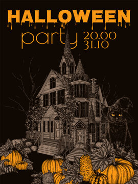 Vector flyer for Halloween. Black cat in a pumpkin garden against the backdrop of a haunted castle in the style of engraving