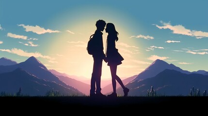 Teenage Anime couple Kissing Silhouette on mountain, Love, Romantic Film Poster.