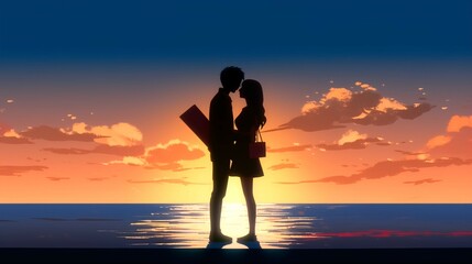 Fototapeta premium Teenage Anime couple Kissing Silhouette on Beach, Love, Romantic Film Poster.