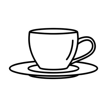 Ceramic cup on saucer for tea and cocoa isolated on white. Drink and beverage. Kitchen pictogram symbol. Simple thin line black and white vector icon