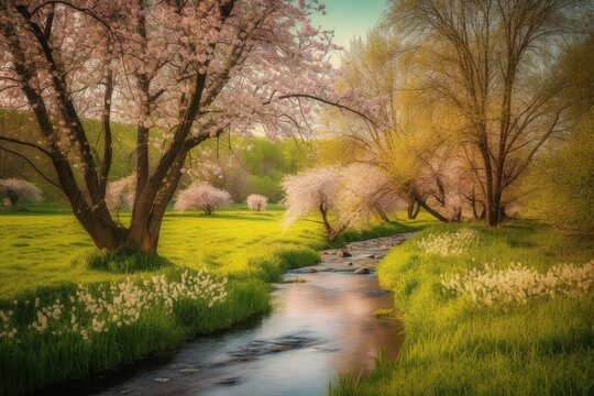 a vibrant stream under bright blossoming trees with a lush field. Generative AI
