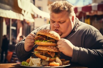 An overweight man indulging in a massive burger, highlighting the issue of obesity and unhealthy eating habits. 'generative AI'	 - obrazy, fototapety, plakaty