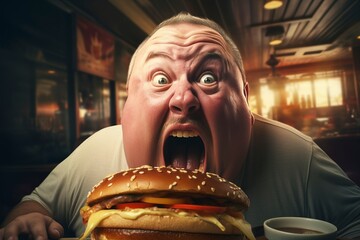An overweight man indulging in a massive burger, highlighting the issue of obesity and unhealthy eating habits. 'generative AI'