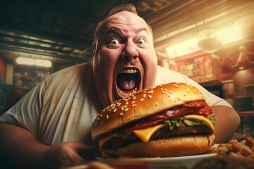 An overweight man indulging in a massive burger, highlighting the issue of obesity and unhealthy eating habits. 'generative AI'  - obrazy, fototapety, plakaty