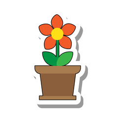 Indoor plant with red flower in ceramic pot. Growing indoor plant, flower in ceramic pot. Flat paper sticker isolated on white background