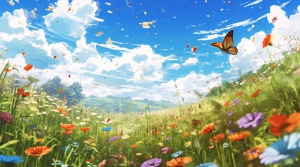 Fototapeta na wymiar Anime Meadow - Blooming Wildflowers, Butterflies, Birdsong.