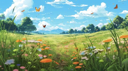  Anime Meadow - Blooming Wildflowers, Butterflies, Birdsong.