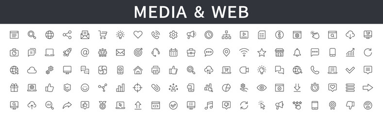 Fototapeta na wymiar Media & Web icons set. Media, Web, Contact, Communication, Message, Phone, Marketing icon. Editable stroke icons. Vector