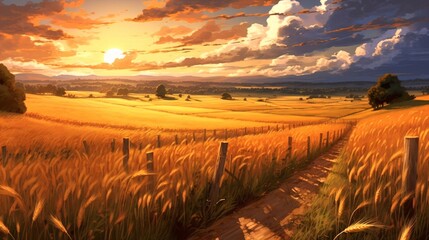 Golden Anime dhan Field - Vast and Serene, Sunset Over the Wheat, Peaceful Rural Scene.