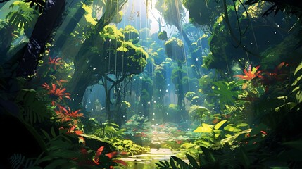 Fototapeta na wymiar Anime Rainforest - Lush Flora and Fauna, Sunlight Piercing Canopy, Vibrant Jungle Scene.
