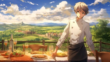  The Anime Artistry of a Young Chef Amidst Scenic Vistas.