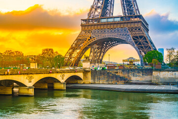 Eiffel Tower photography from Jena Bridge. Sunrise in Paris, France