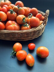 fresh tomatoes, harvested tomatoes in a basket, summer harvest, tomatoes of various sizes, small tomatoes, harvest from the garden